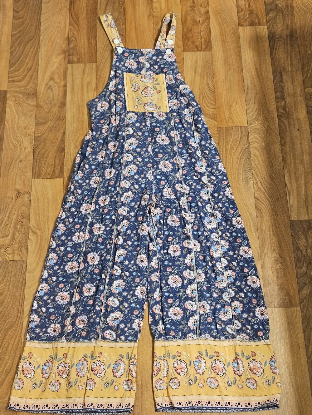 Yak & Yeti Women’s Floral Print Wide-Leg Jumpsuit - Blue & Yellow- With Pockets
